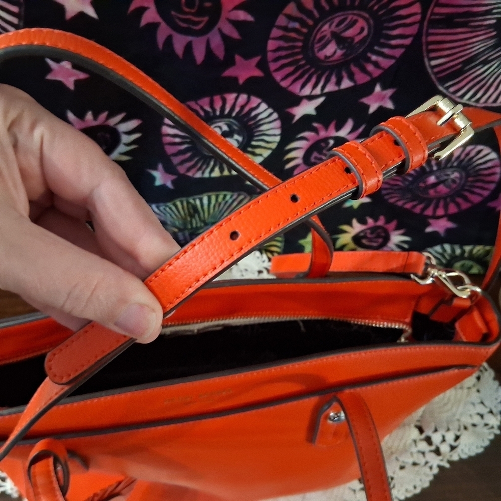 Henri Bendel Shoulder Bag Leather Sunburst Orange Red Satchel Handbag  Strap - Picture 17 of 17